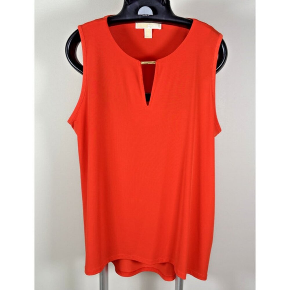 Michael Kors Orange Sleeveless Blouse Tank Top Gold Bar Key Hole Women's Sz L